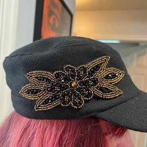 Beaded black cabbie newsboy style cap hat